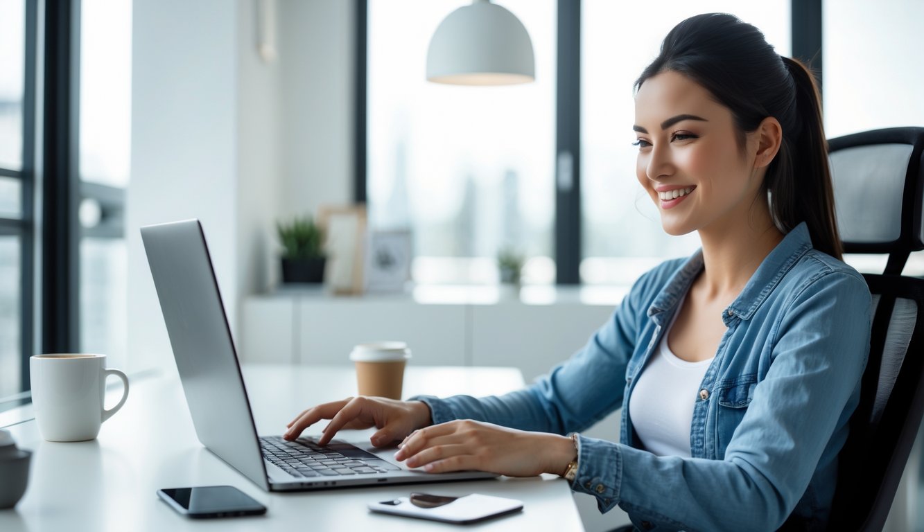 Seorang wanita muda duduk di meja dengan laptop, tersenyum sambil bermain permainan kartu online.