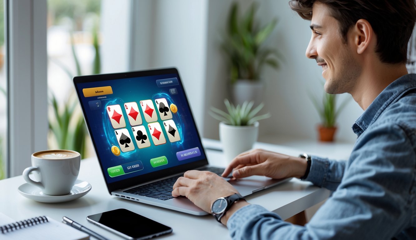 Seorang pria muda duduk di meja dengan laptop, fokus bermain permainan kartu online Capsa, di ruangan yang terang dan nyaman.