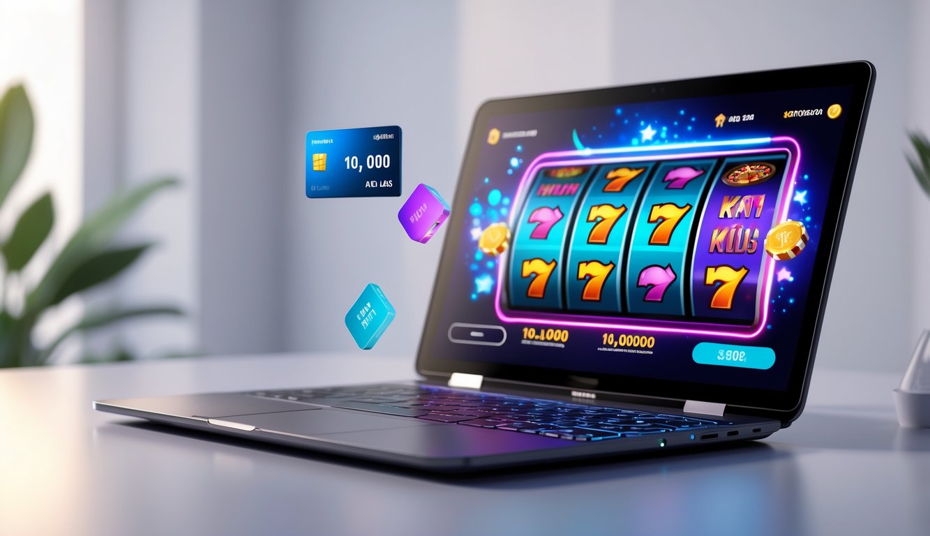 Seseorang menggunakan laptop atau ponsel dengan tampilan permainan slot online yang berwarna-warni dan latar belakang bersih.