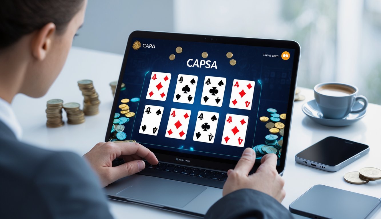 Seorang pemain sedang bermain Capsa online menggunakan laptop dengan kartu digital di layar dan suasana meja kerja yang rapi.