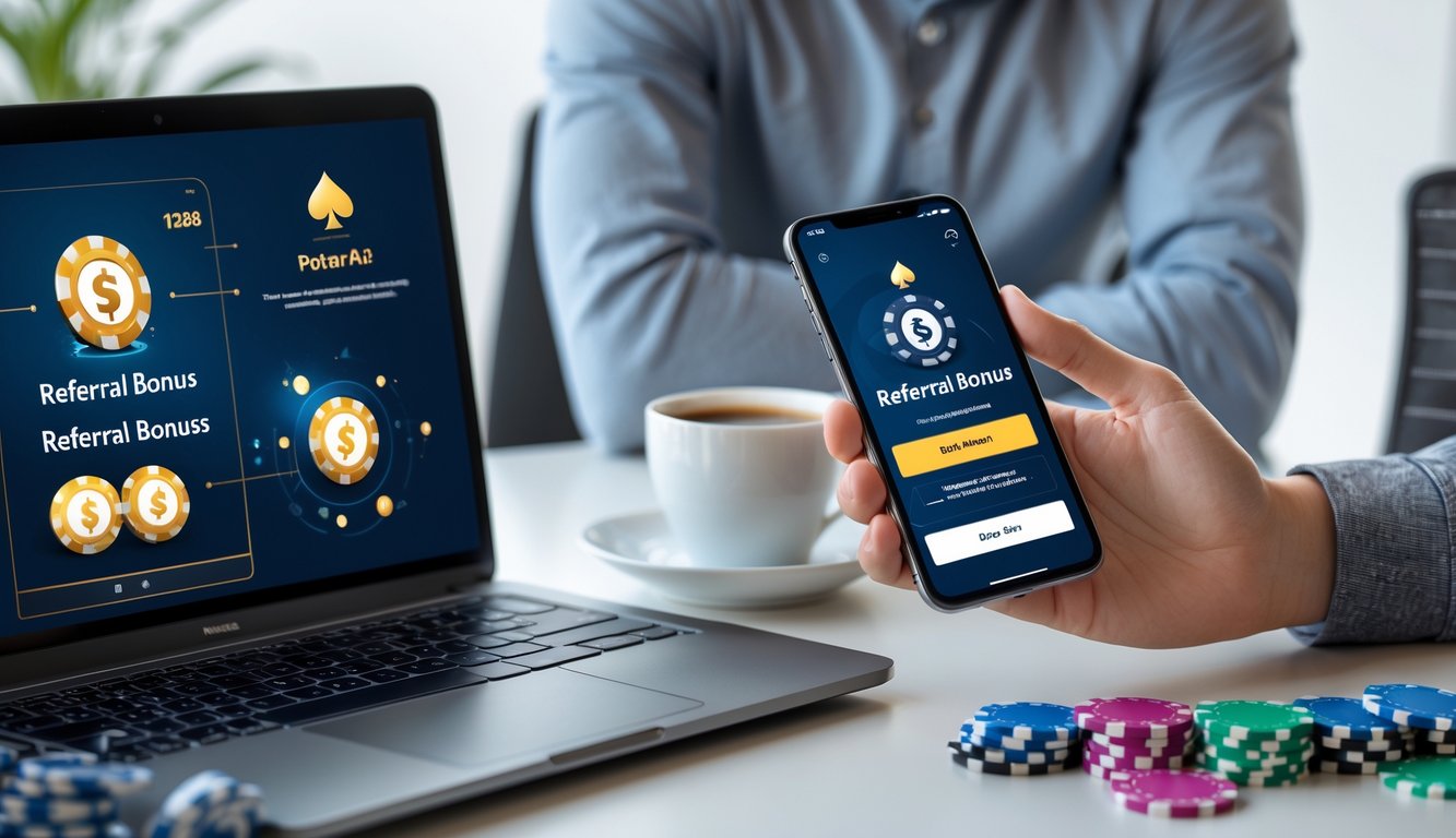 Seseorang menggunakan ponsel dengan aplikasi poker online di meja kerja yang rapi dengan laptop dan chip poker.