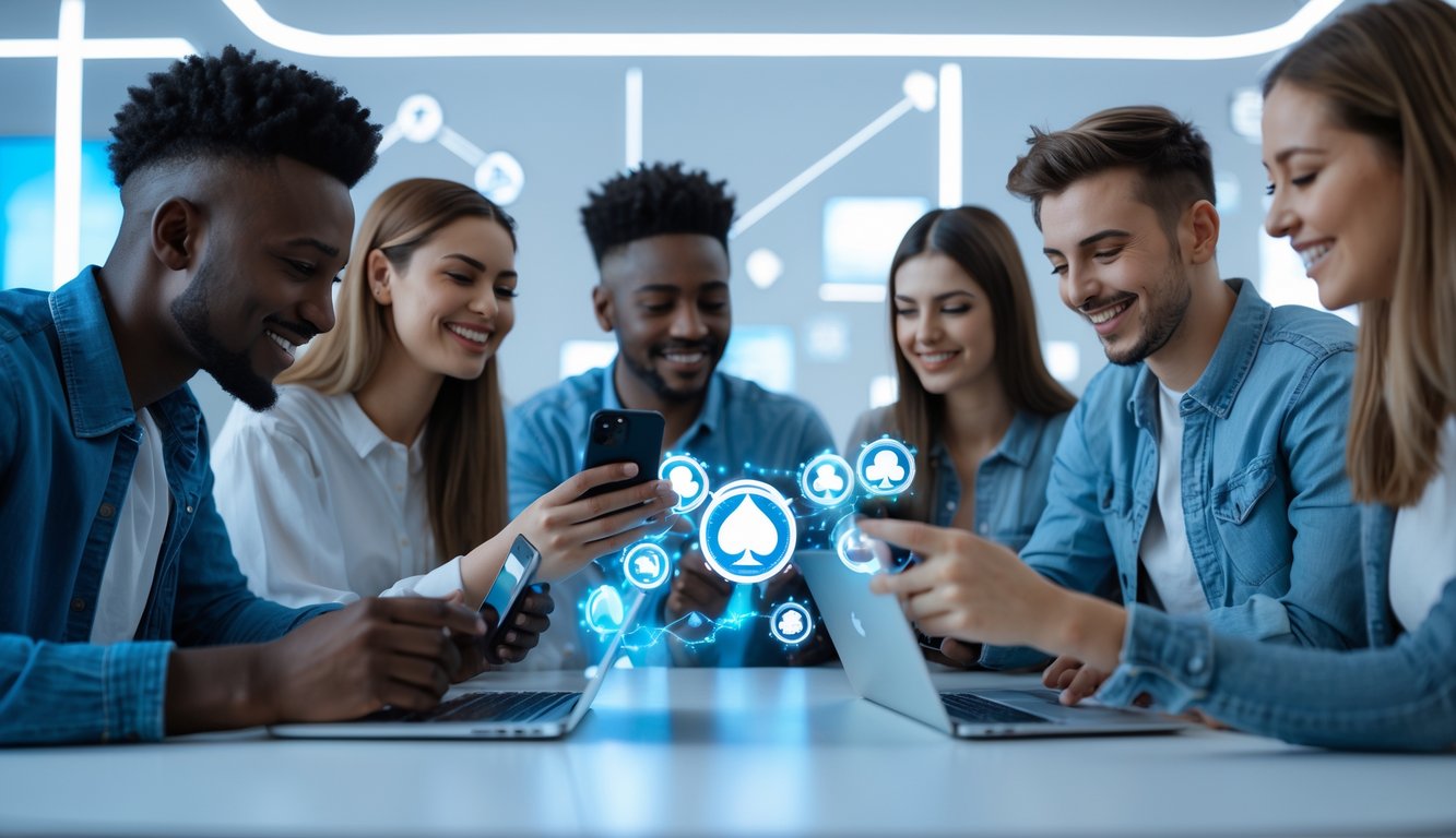 Sekelompok orang muda menggunakan ponsel dan laptop di ruangan modern yang terang, menunjukkan suasana kerja dan interaksi digital.
