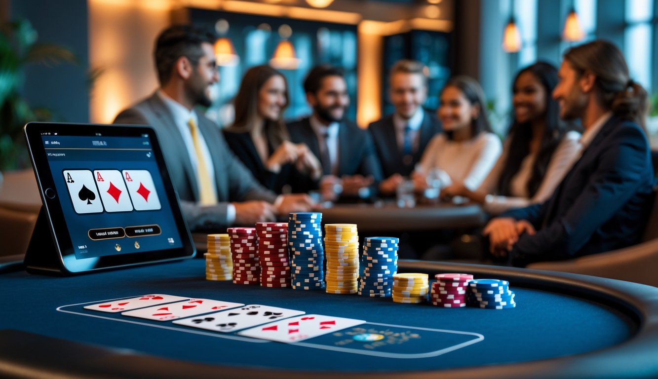 Meja poker dengan chip dan kartu, tablet menampilkan aplikasi poker, orang-orang berbincang di latar belakang di sebuah lounge modern.