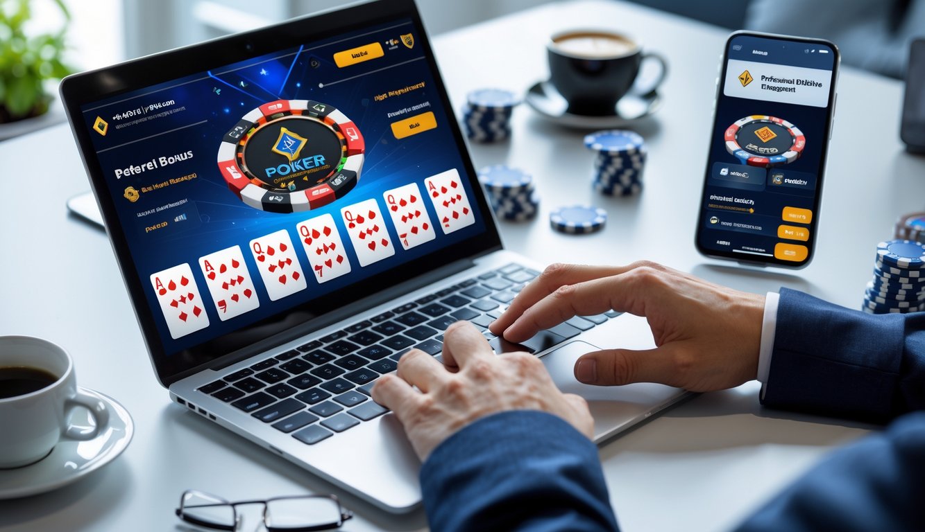 Meja kerja dengan laptop dan ponsel yang menampilkan aplikasi poker online, tangan seseorang sedang berinteraksi dengan laptop.