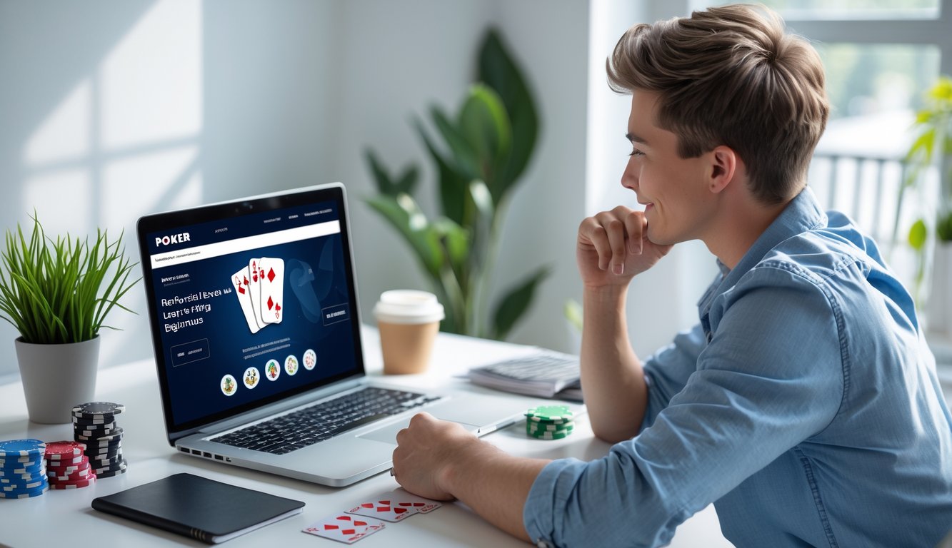 Seorang dewasa muda duduk di meja kerja dengan laptop menampilkan situs poker online, mencatat strategi dengan kartu dan chip poker di meja.