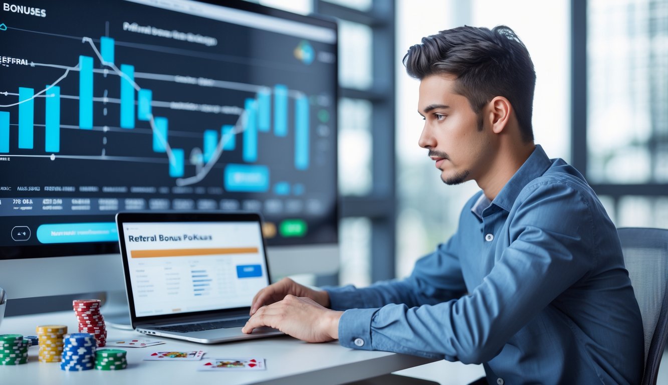 Seorang pria muda duduk di meja dengan laptop dan perlengkapan poker, fokus menganalisis strategi bonus referral situs poker online.