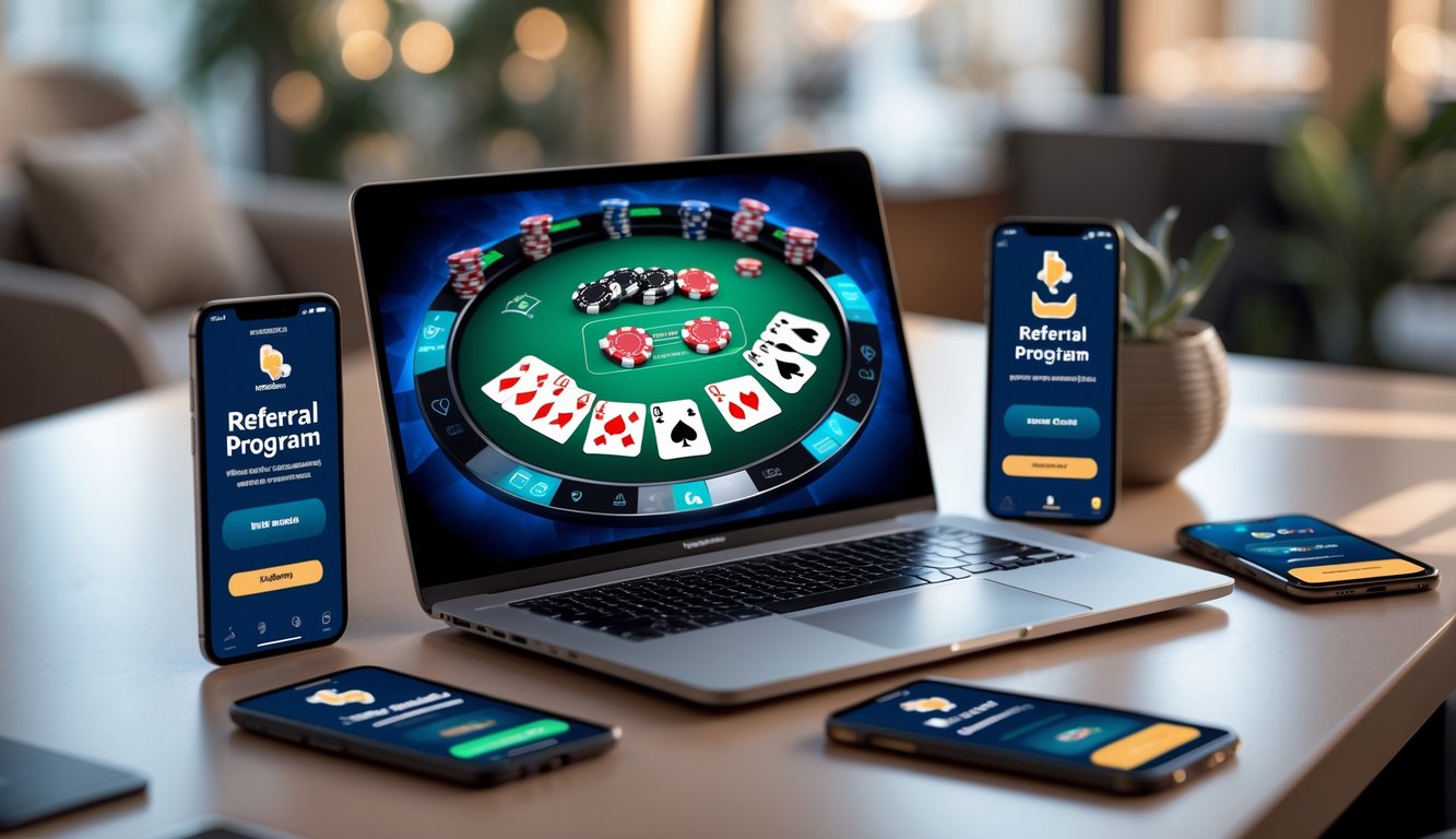 Meja kerja modern dengan laptop menampilkan permainan poker online dan beberapa ponsel yang menunjukkan notifikasi program referral aplikasi poker.