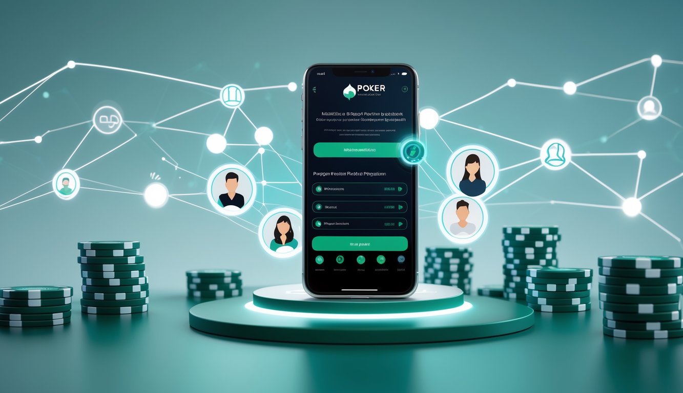 Sebuah ponsel menampilkan aplikasi poker online dengan ikon program referral dan elemen digital yang menggambarkan jaringan pengguna dan hadiah poker.