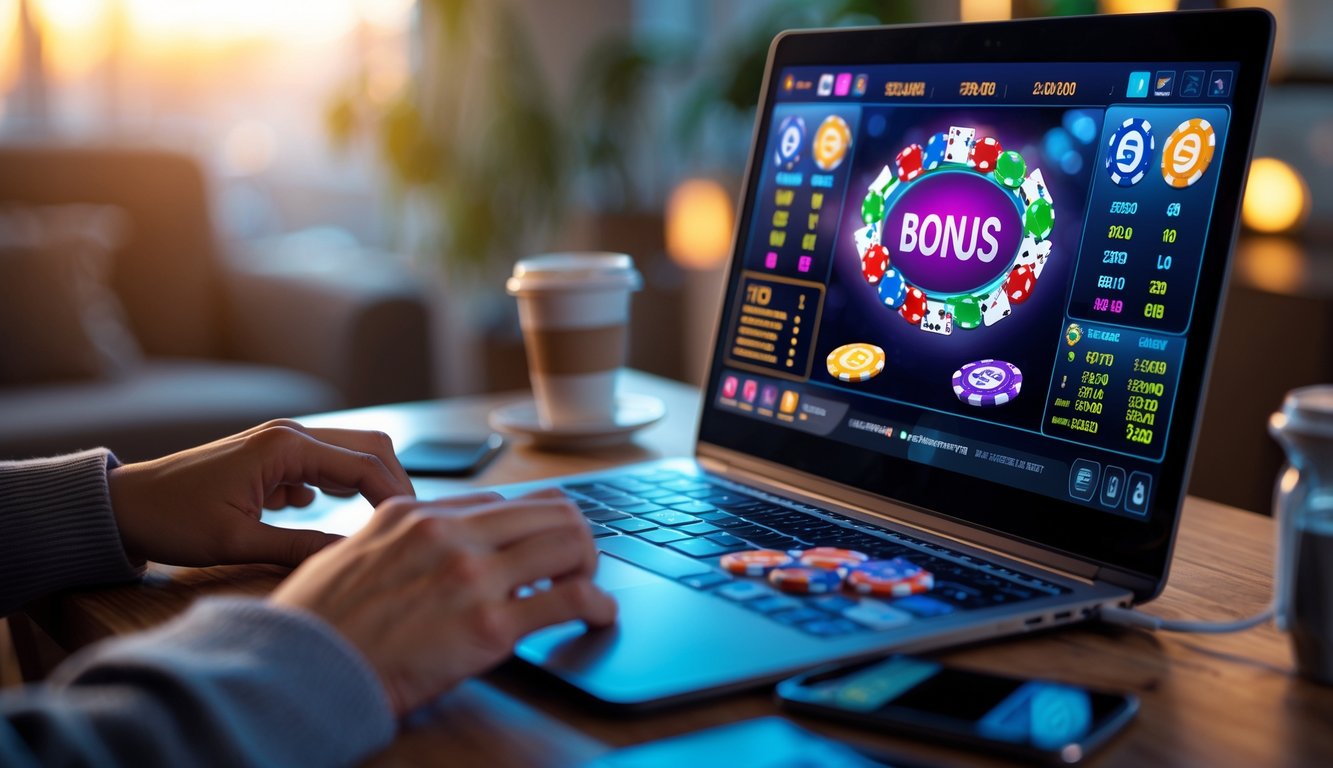 Seseorang bermain poker online di laptop dengan tumpukan chip poker dan kartu di meja dalam ruangan yang nyaman.