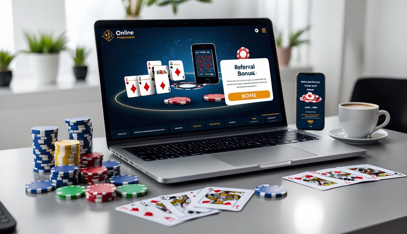 Seseorang bermain poker online di depan komputer dengan kartu dan chip poker di meja, serta ponsel yang menampilkan notifikasi bonus.