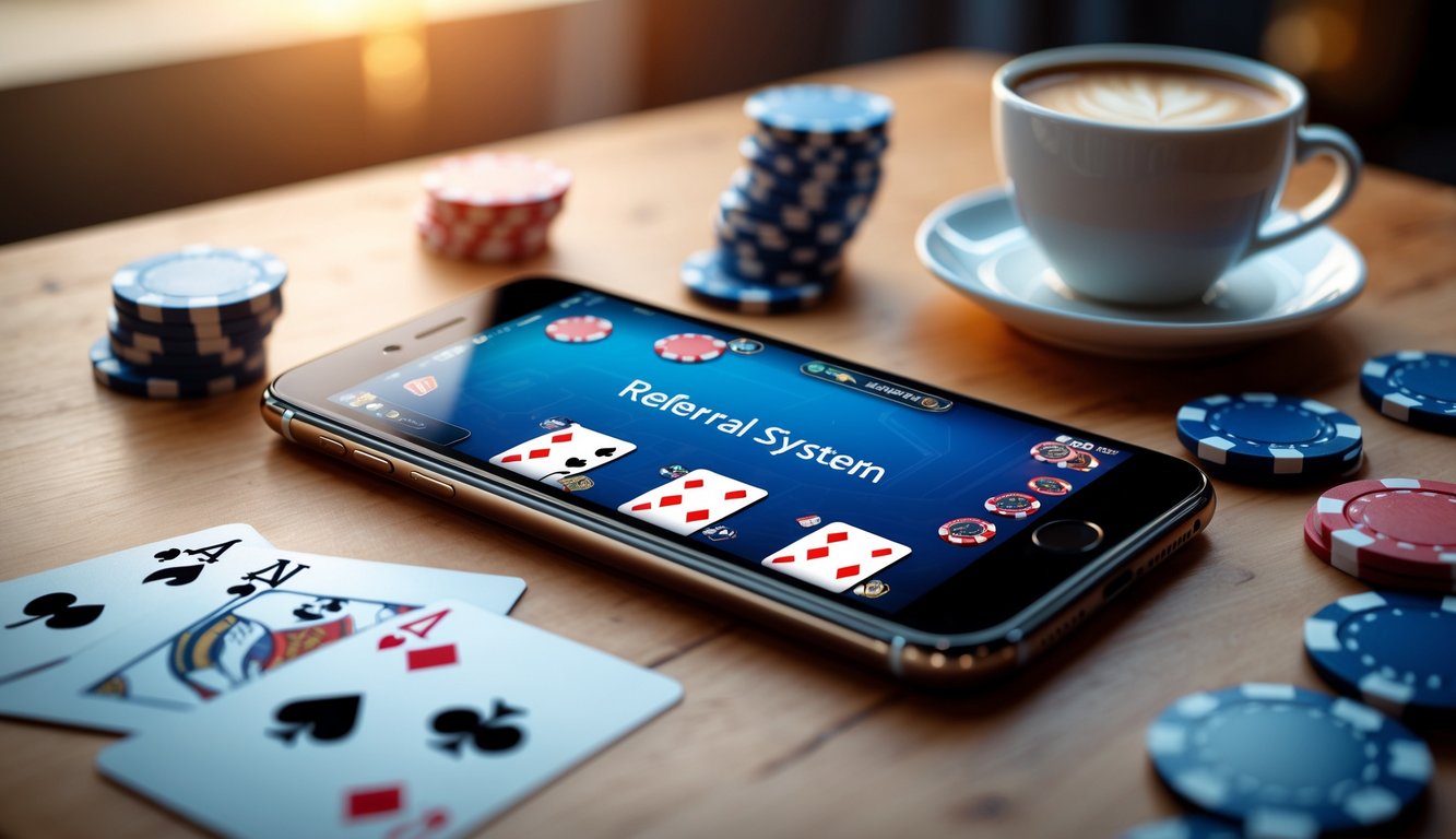 Sebuah ponsel modern menampilkan permainan poker dengan chip dan kartu di atas meja kayu, dengan latar belakang kabur dan pencahayaan hangat.