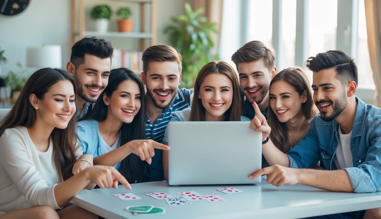 Sekelompok orang muda berkumpul di sekitar laptop di ruang tamu, tersenyum dan menunjuk layar dengan chip poker dan kartu di meja.