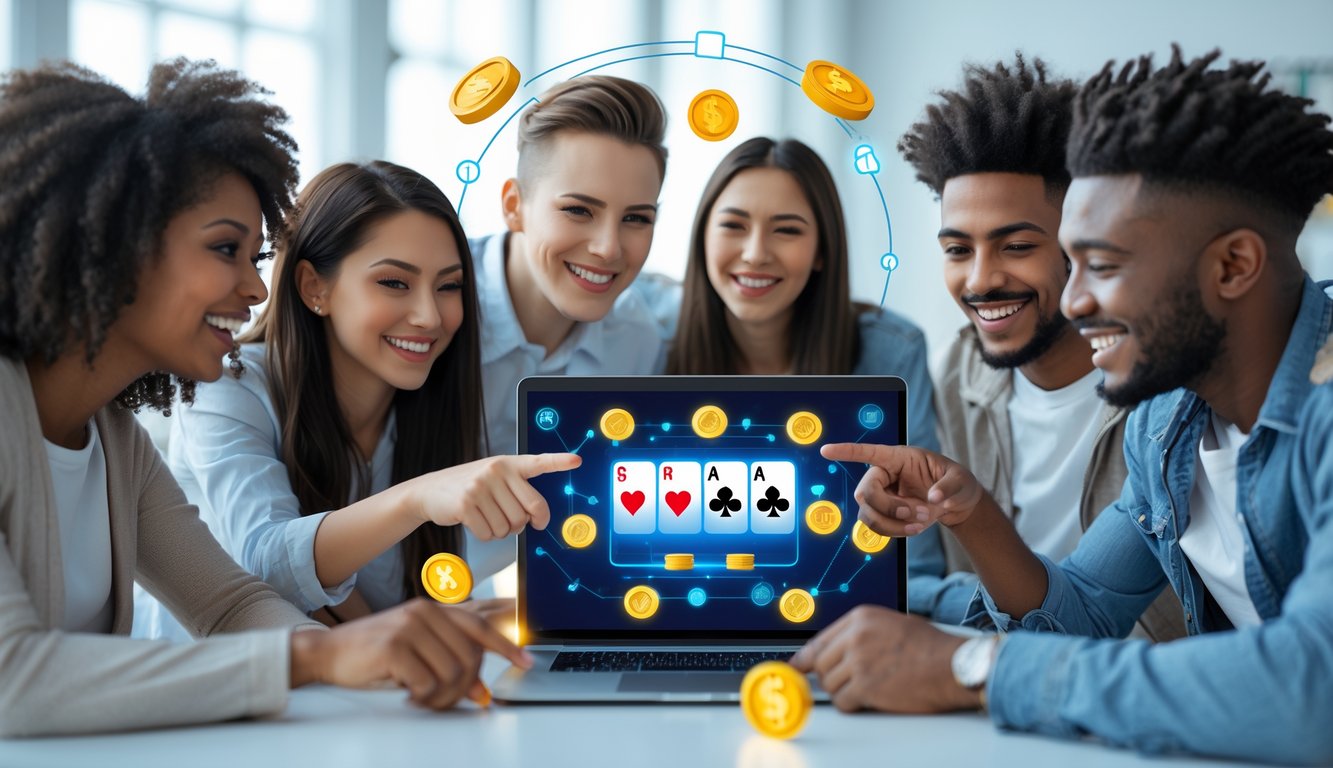 Sekelompok orang muda sedang berkumpul dan melihat layar laptop yang menampilkan permainan poker online dengan suasana ceria dan interaktif.