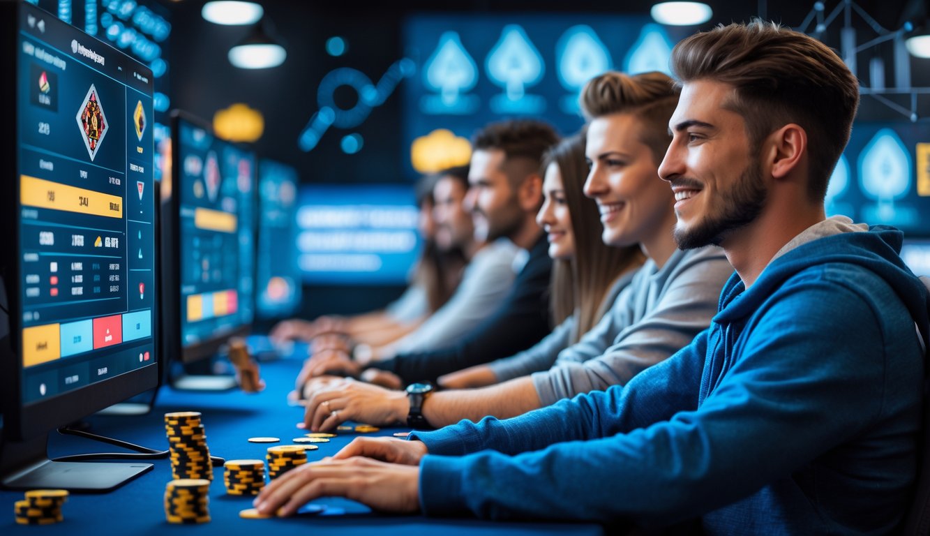 Beberapa orang muda bermain poker online di depan komputer dengan suasana fokus dan antusias.