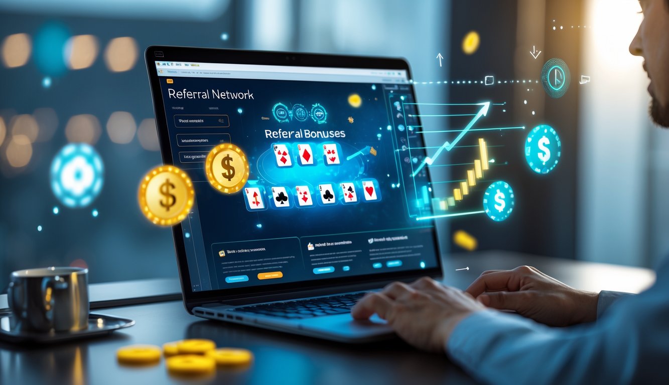 Seorang profesional menggunakan laptop dengan tampilan permainan poker dan ikon jaringan referral serta simbol uang di sekitarnya.