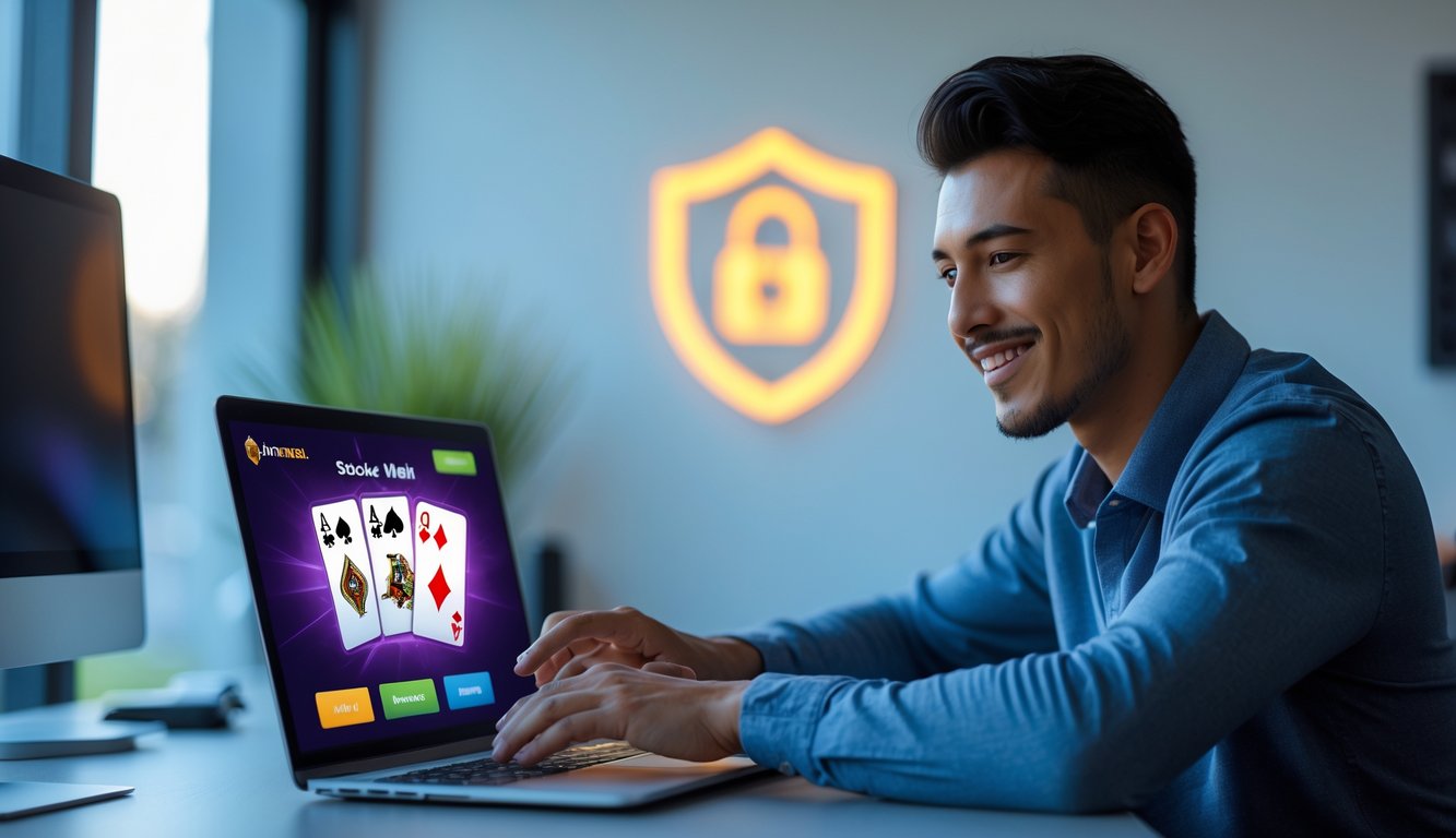 Seorang pria muda duduk di meja kerja menggunakan laptop dengan tampilan permainan poker online, di ruangan yang terang dan rapi.