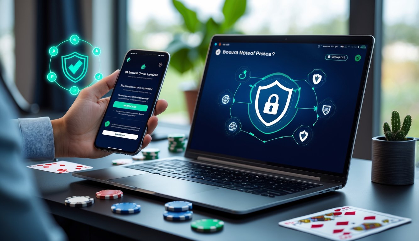 Seorang pengguna bekerja di depan laptop yang menampilkan permainan poker online dengan simbol keamanan, di meja terdapat chip poker dan kartu, serta ponsel yang menunjukkan notifikasi bonus referral.