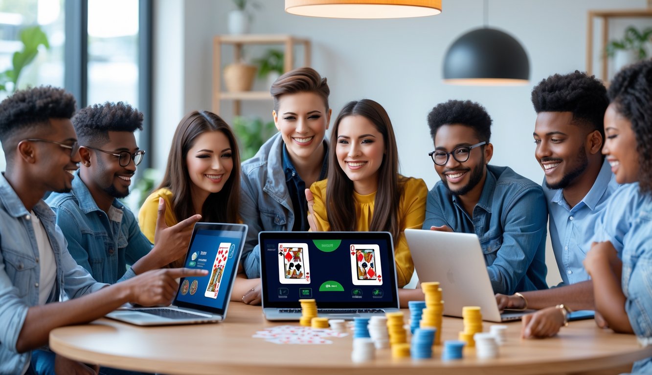 Sekelompok orang muda sedang menggunakan laptop dan ponsel untuk bermain poker online di ruangan modern yang cerah.