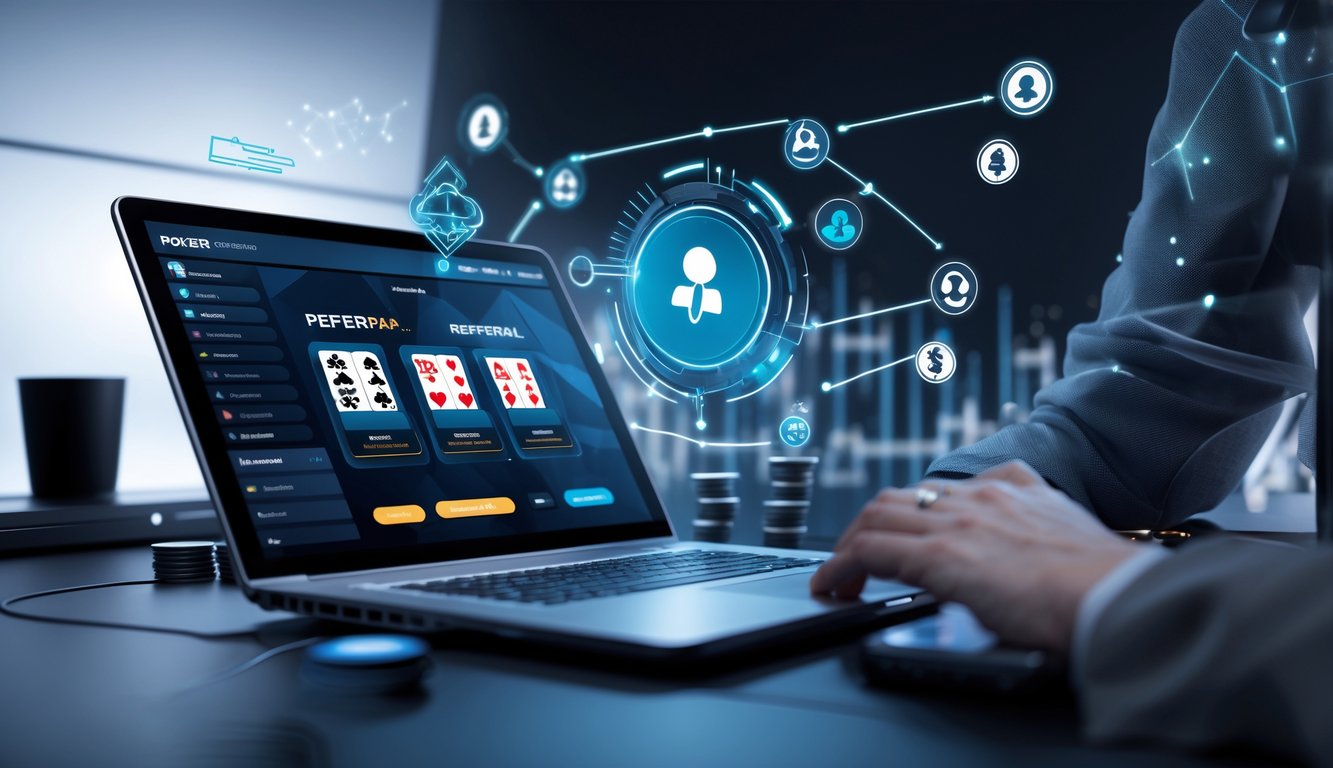 Sebuah ruang kerja digital modern dengan laptop yang menampilkan permainan poker online dan ikon pengguna yang saling terhubung, menggambarkan program referral pada aplikasi poker online.