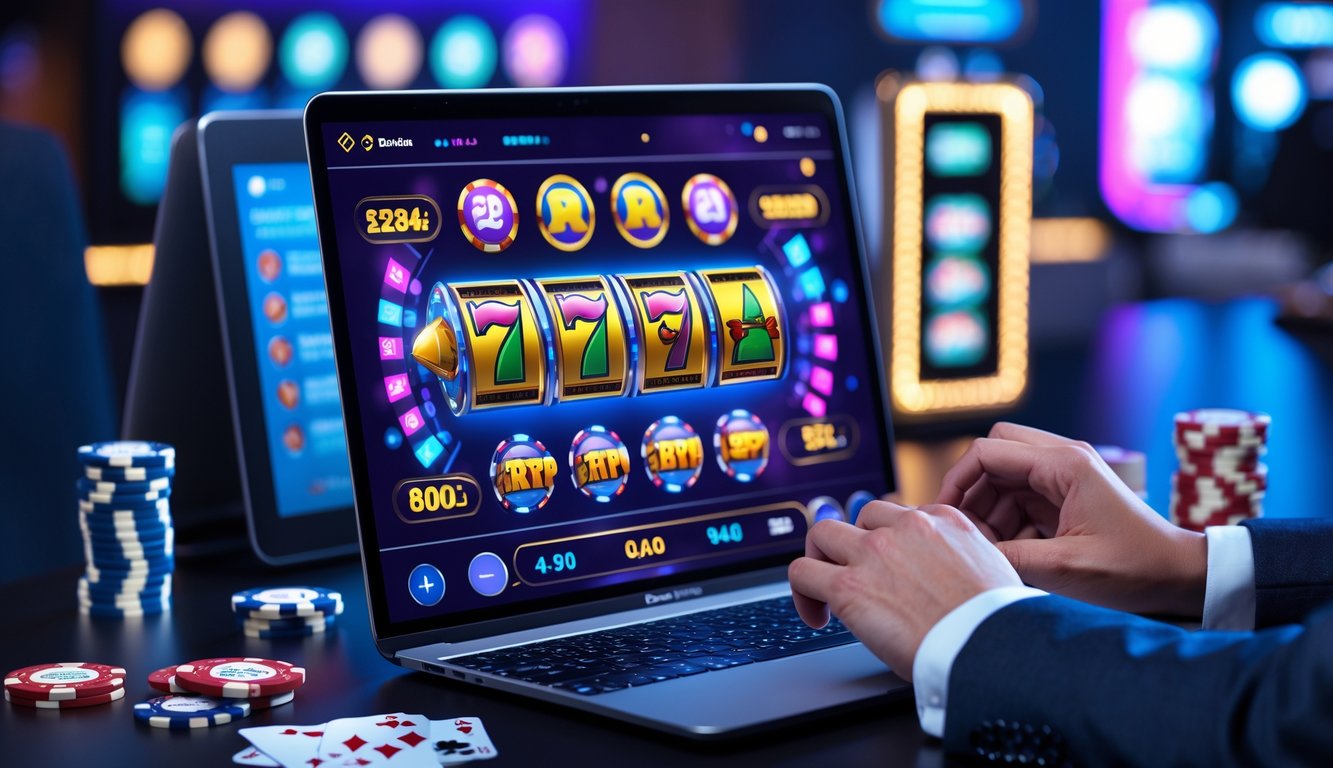 Seseorang menggunakan laptop dengan tampilan mesin slot digital dan simbol kemenangan di layar, dikelilingi oleh chip poker dan kartu remi.