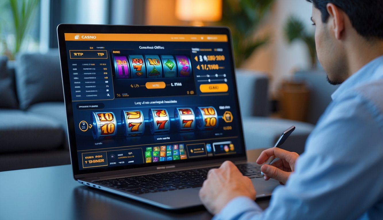 Seorang pria di ruang tamu modern sedang melihat layar komputer dengan tampilan permainan kasino online dan grafik RTP.