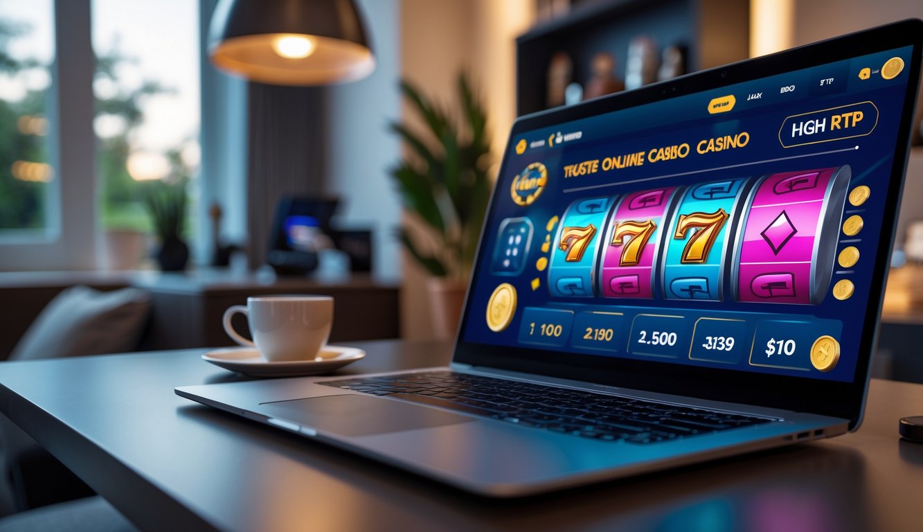 Seorang pengguna sedang bermain permainan kasino online di laptop di ruang tamu yang nyaman dengan pencahayaan hangat.