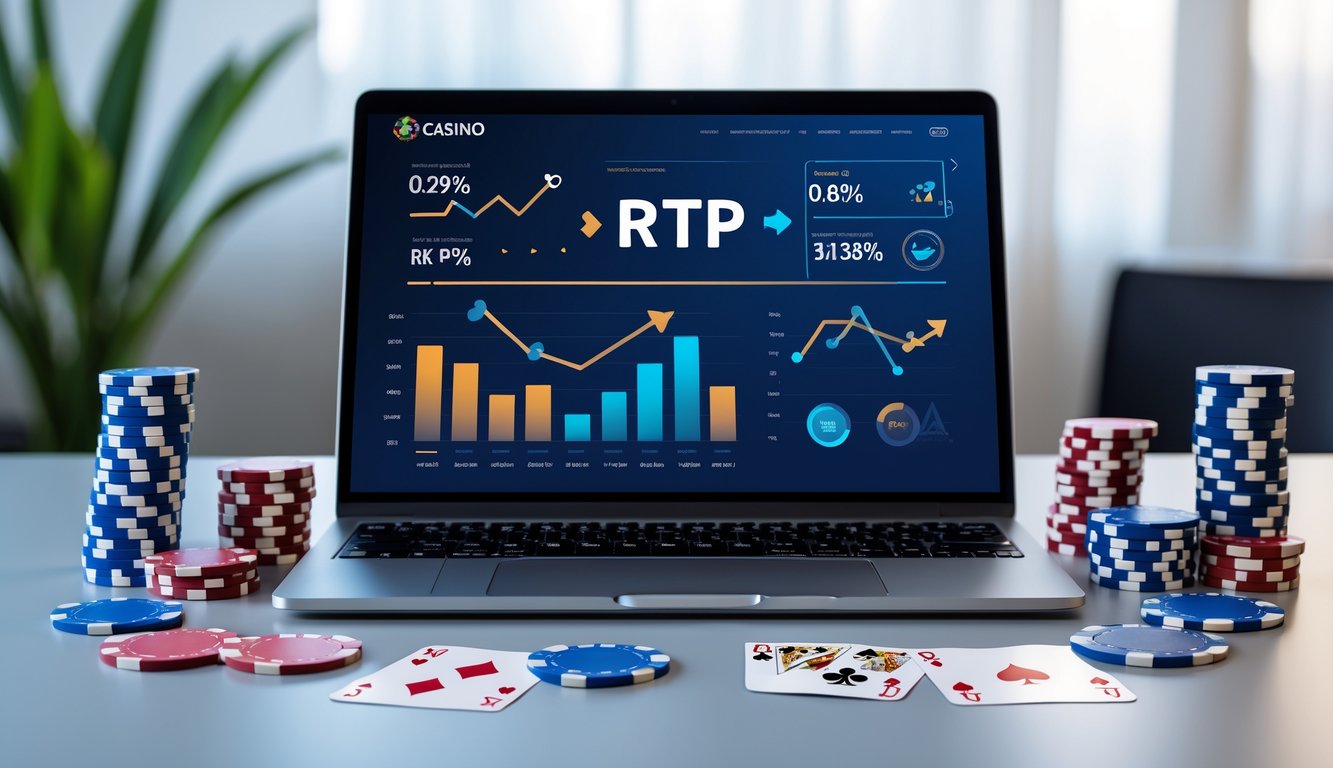 Sebuah laptop di atas meja dengan elemen kasino seperti chip poker, kartu, dan dadu di sekitarnya.