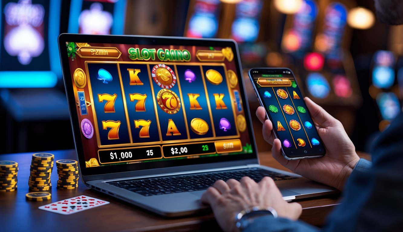 Seorang pemain menggunakan laptop dan ponsel untuk bermain mesin slot online dengan latar belakang meja kayu dan dekorasi kasino.