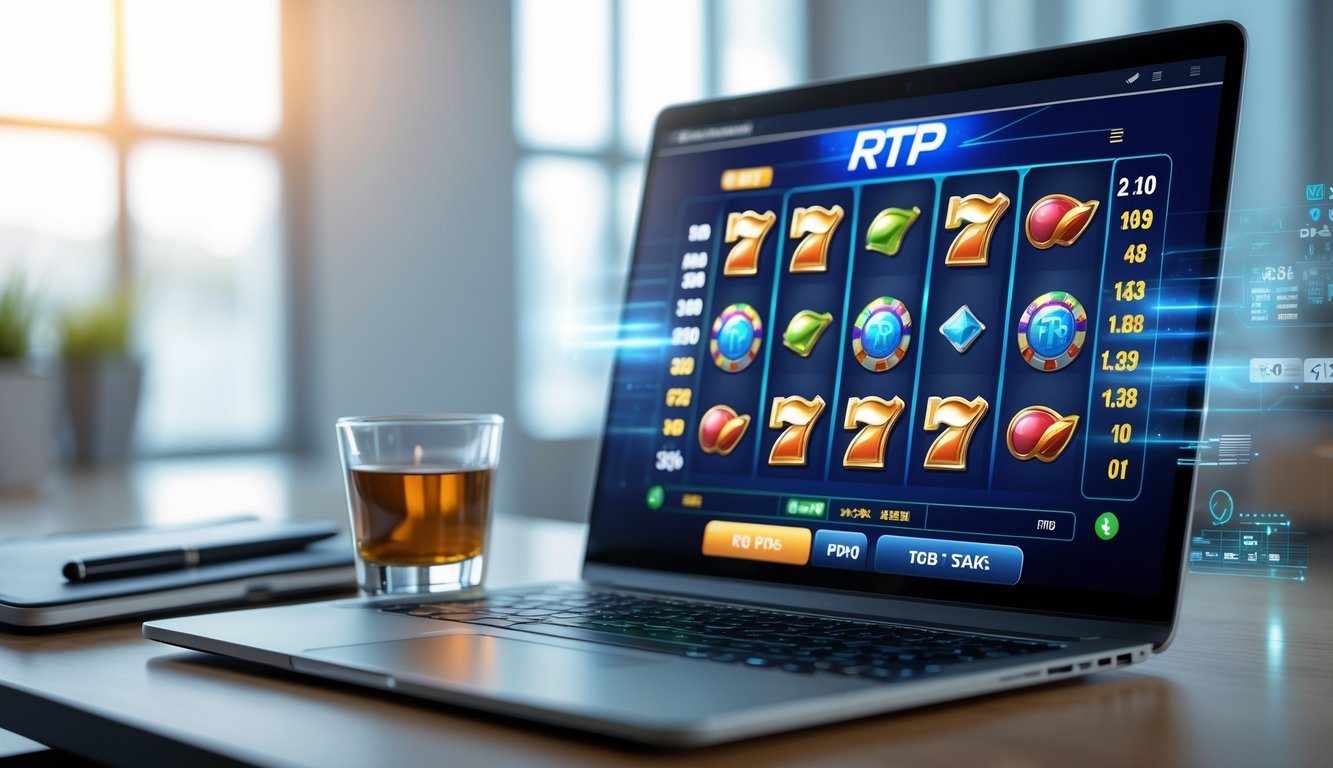 Seorang pemain menggunakan laptop dengan permainan slot online di layar, di meja terdapat kopi dan buku catatan, menunjukkan suasana fokus dan strategi bermain slot.