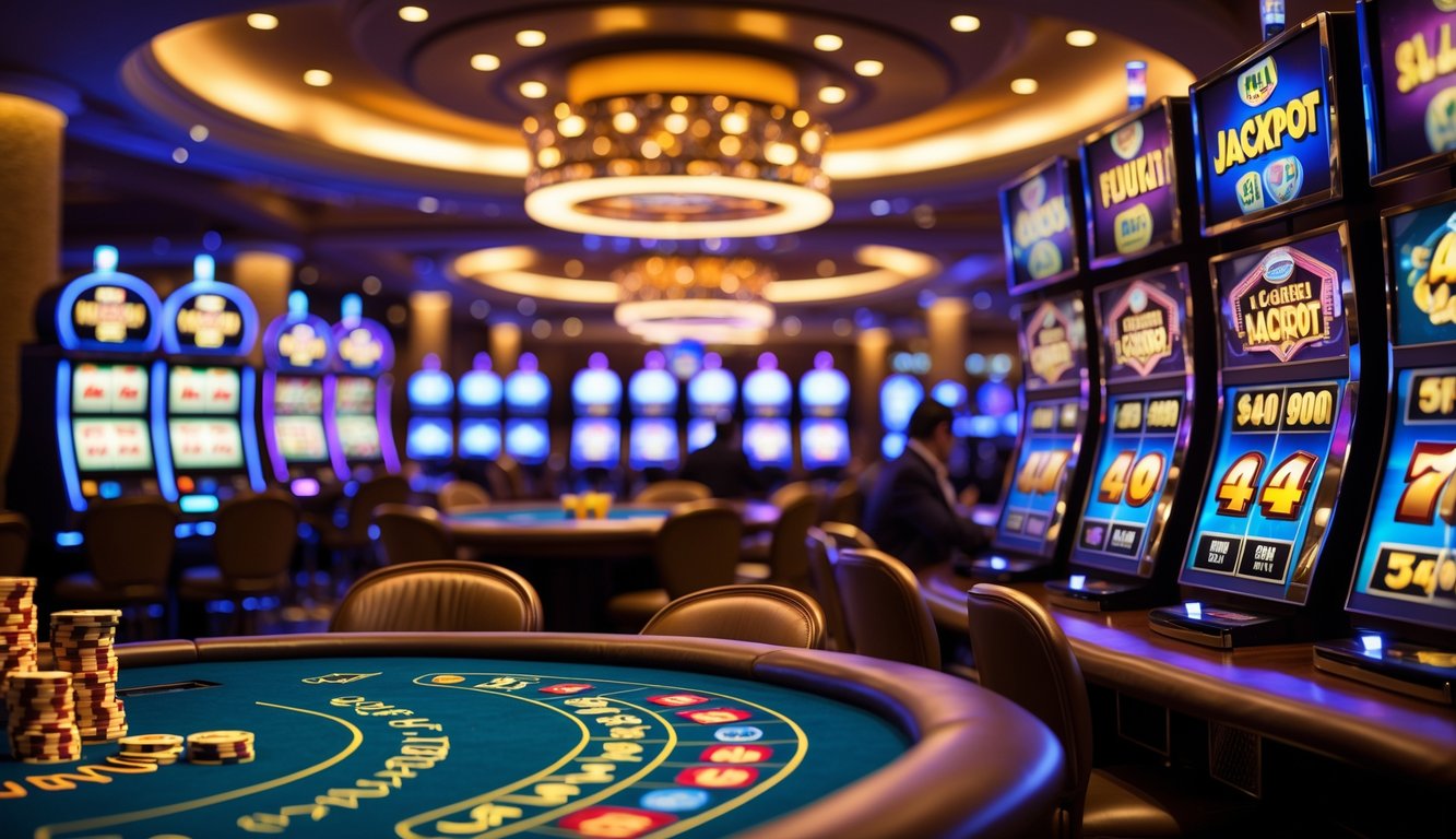 Suasana kasino mewah dengan meja permainan, tumpukan chip poker, roda roulette berputar, dan layar digital menampilkan mesin slot dengan simbol jackpot.