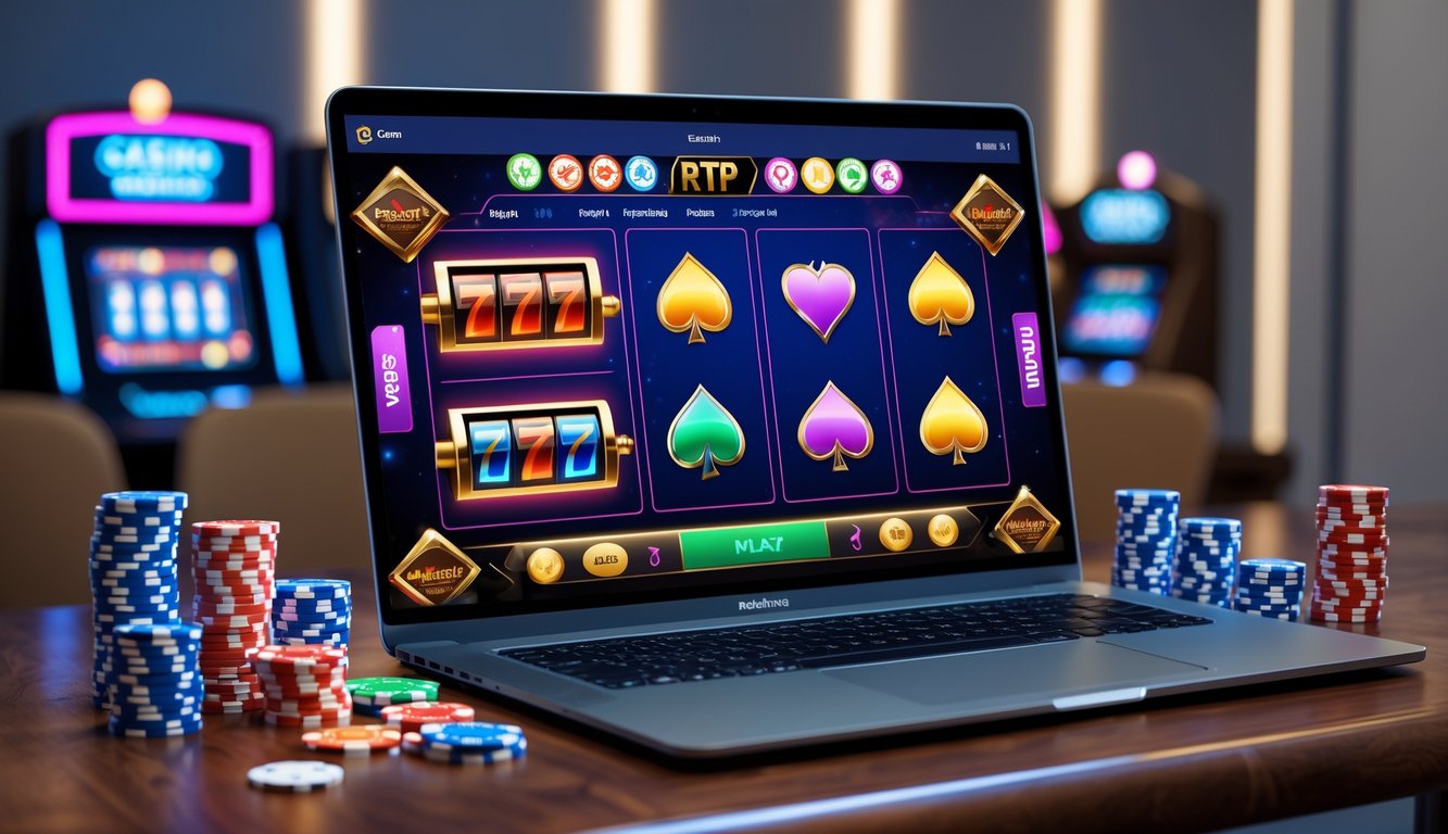 Seorang pemain sedang menggunakan komputer dengan tampilan permainan kasino online dan beberapa chip poker serta kartu di atas meja.