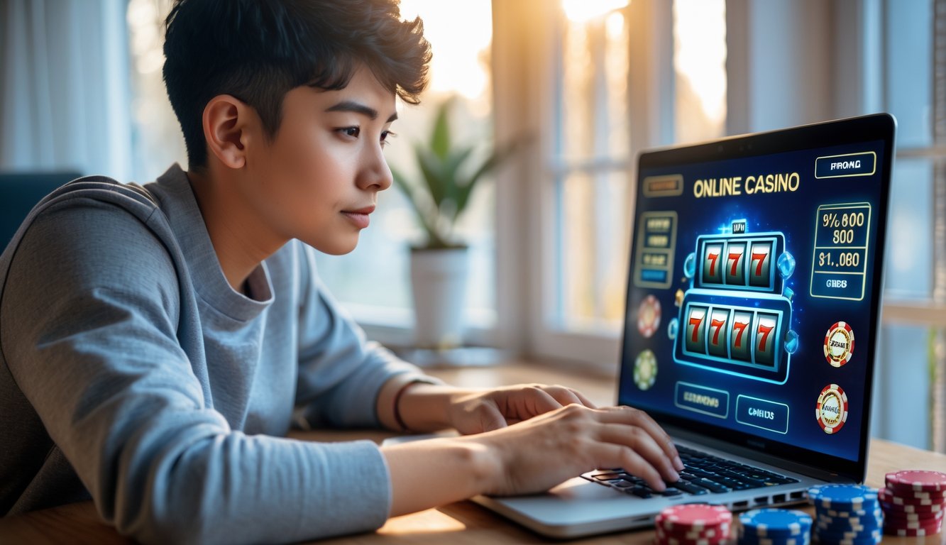 Seorang pemula sedang menggunakan laptop di meja kerja dengan chip poker dan kartu remi di sekitarnya, menunjukkan aktivitas memilih casino online.
