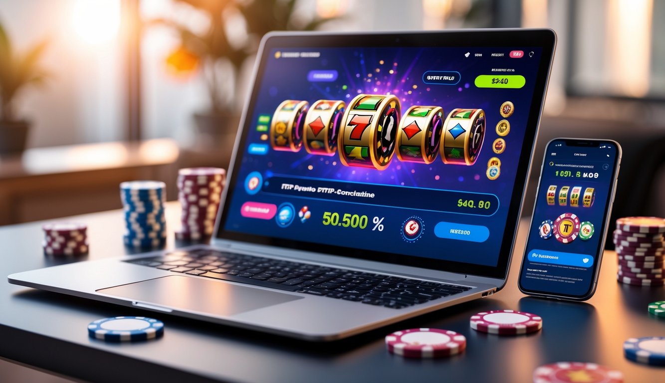Seorang pengguna sedang melihat layar laptop yang menampilkan permainan casino online dengan grafik dan statistik RTP, di meja terdapat chip poker dan kartu remi.