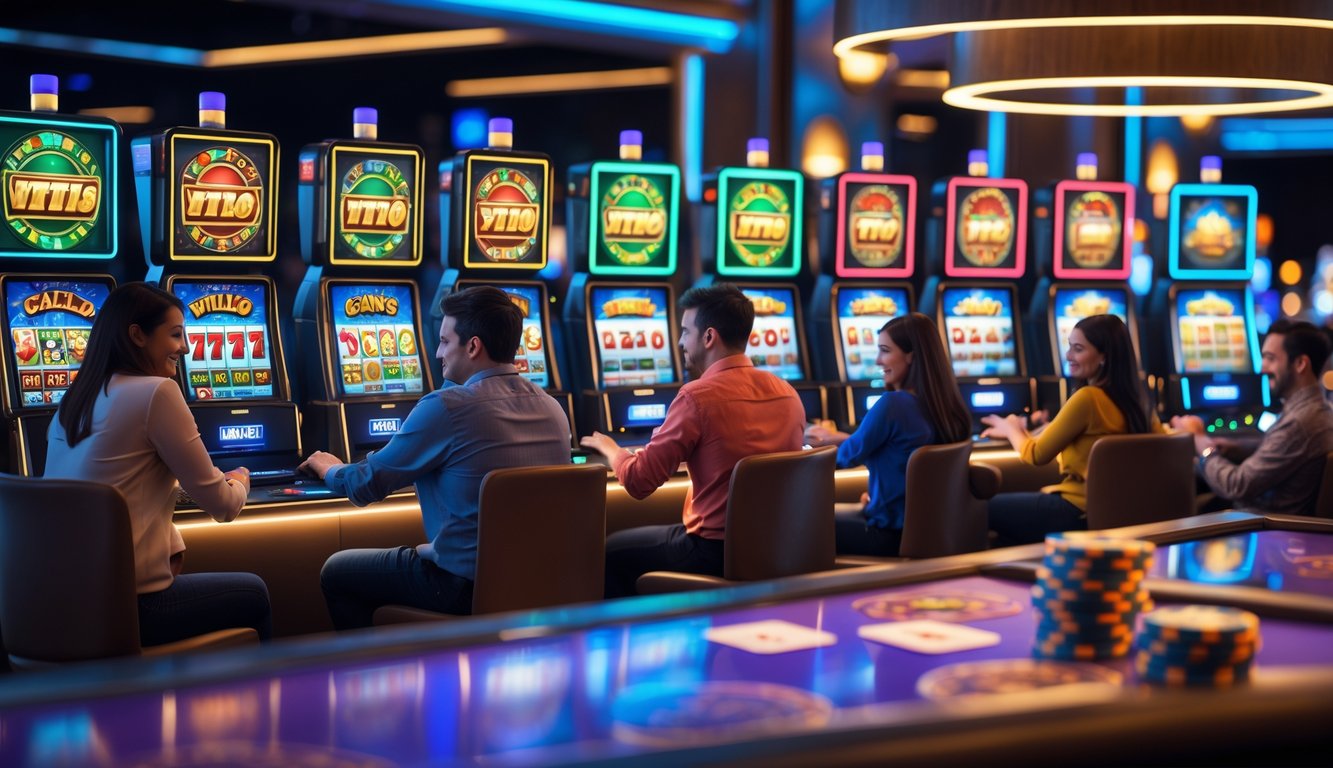 Orang-orang bermain mesin slot online dengan layar berwarna cerah dan suasana kasino yang hidup.