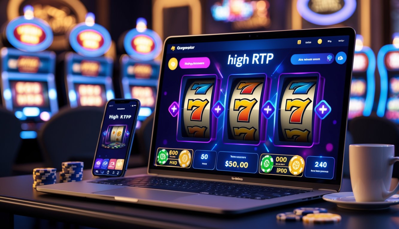 Seorang pemain menggunakan komputer dengan tampilan permainan slot online berwarna-warni di lingkungan kasino yang modern dan terang.
