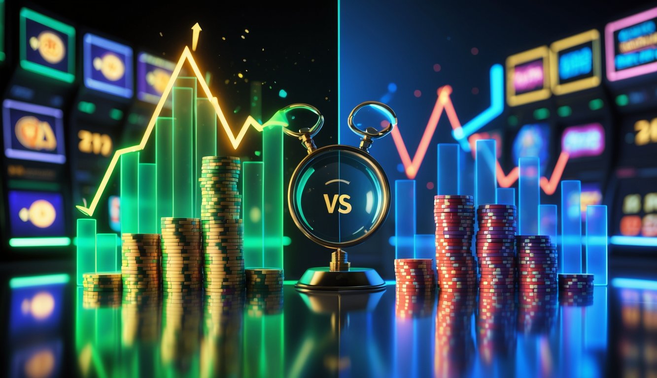 Ilustrasi perbandingan antara RTP tinggi dan RTP rendah di kasino online dengan grafik, chip kasino, dan simbol mesin slot.