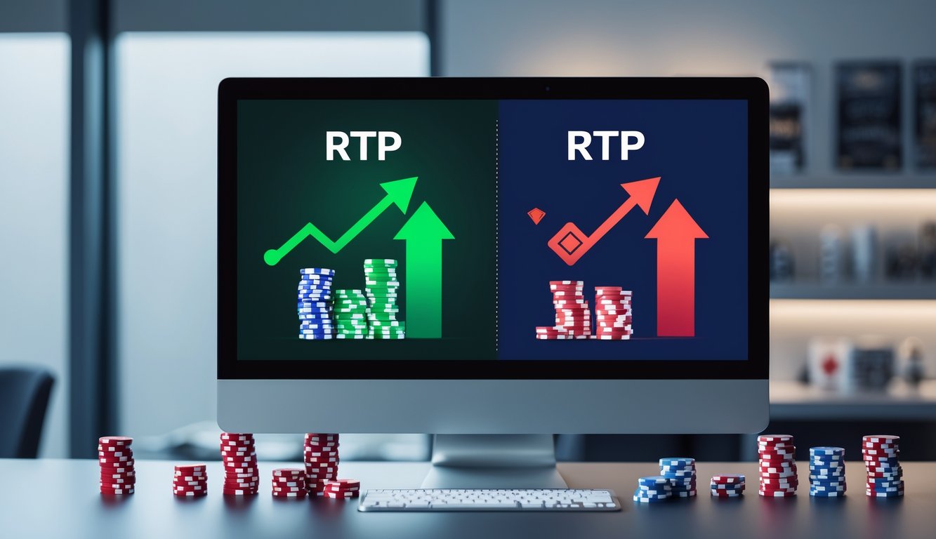 Tampilan layar komputer dengan grafik perbandingan RTP tinggi dan rendah di kasino online, dilengkapi dengan tumpukan chip dan simbol panah naik dan turun.