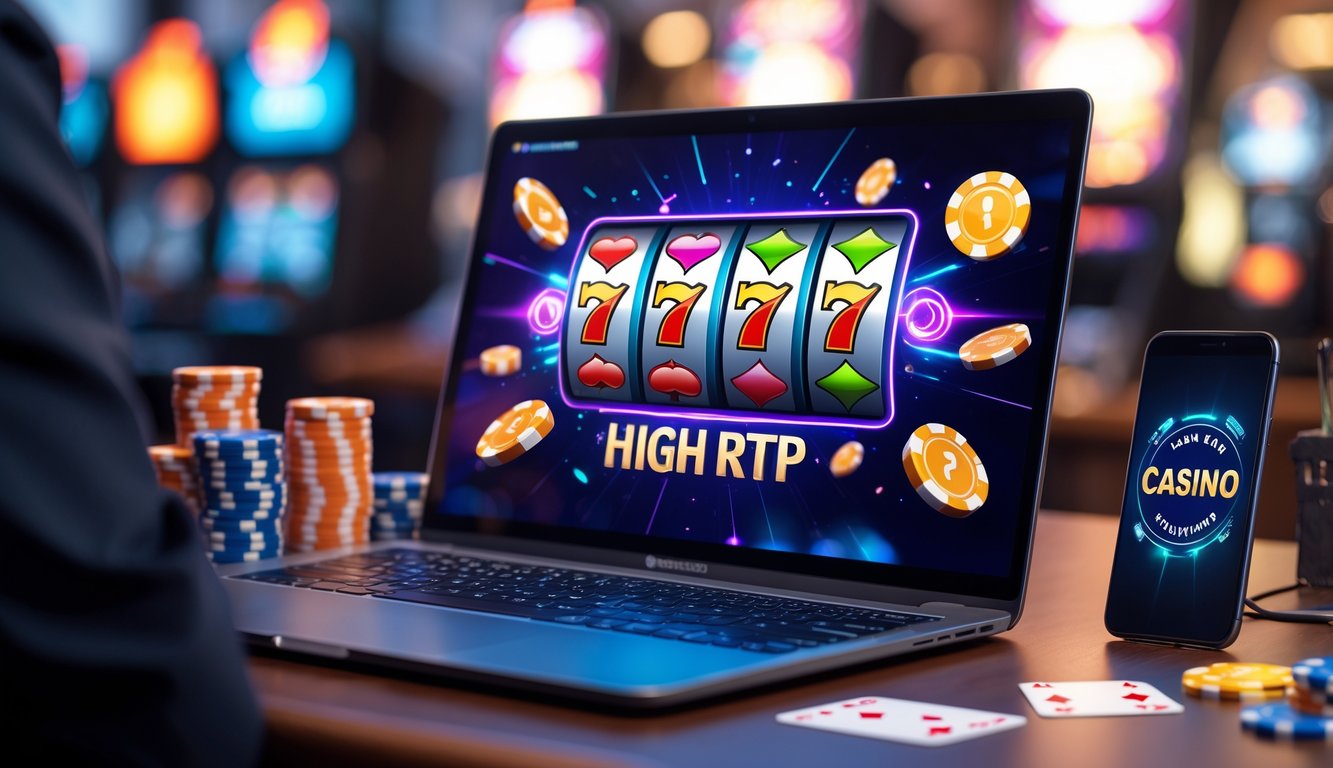 Seorang pemain menggunakan laptop dengan tampilan permainan slot online yang cerah dan penuh warna, dikelilingi oleh chip poker dan kartu remi di atas meja.