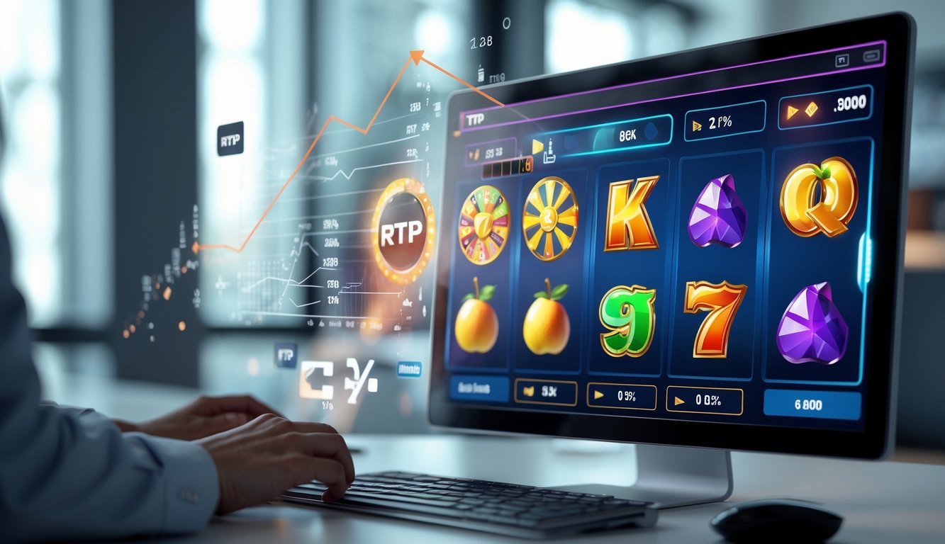 Seorang pemain fokus melihat layar komputer yang menampilkan permainan slot online dengan grafik warna-warni dan elemen data di sekitarnya.