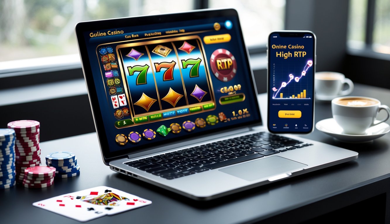 Seorang pengguna laptop dengan layar menampilkan permainan kasino online dan grafik RTP tinggi, dikelilingi oleh chip poker dan kartu remi di atas meja.