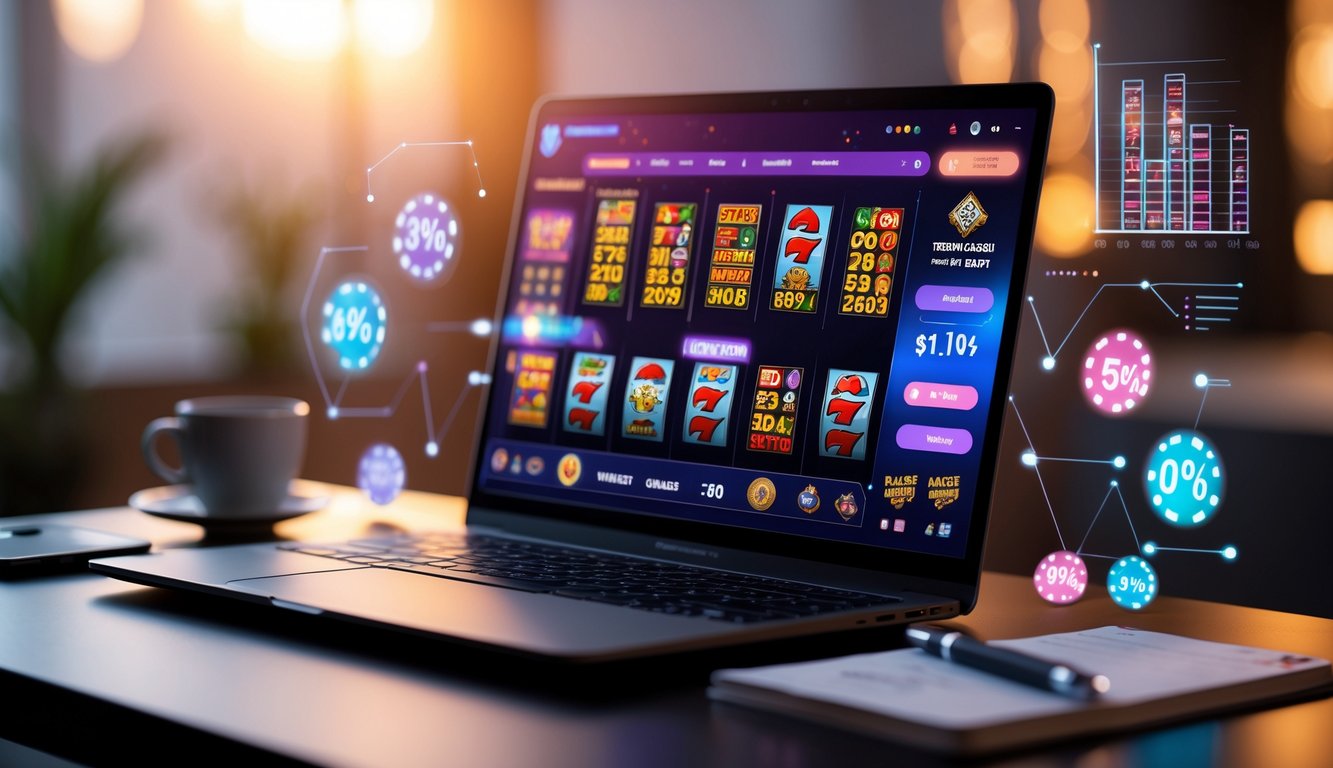 Seorang pria menggunakan laptop dengan tampilan permainan kasino online di layar, dikelilingi oleh elemen yang menunjukkan peluang menang tinggi.
