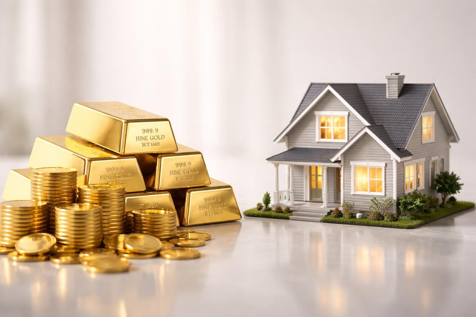 Close-up of gold bars and coins next to a miniature house model on a reflective surface.