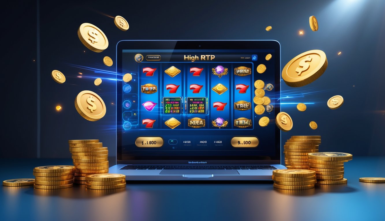 Seorang pengguna sedang bermain game kasino online di laptop dengan koin emas dan simbol transaksi digital di sekitarnya.