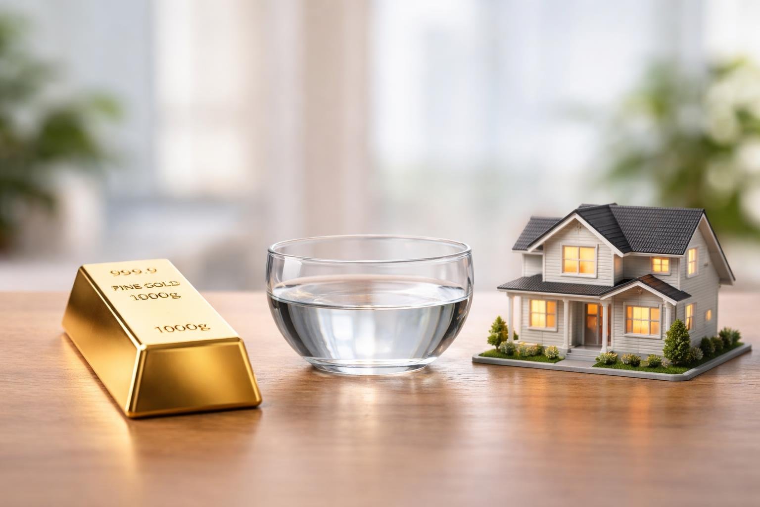 A gold bar and a miniature house model placed side by side on a wooden surface with a glass bowl of water between them.