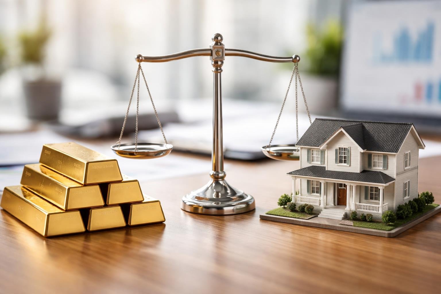 Close-up of gold bars and a miniature house model placed on a desk with a balance scale between them.