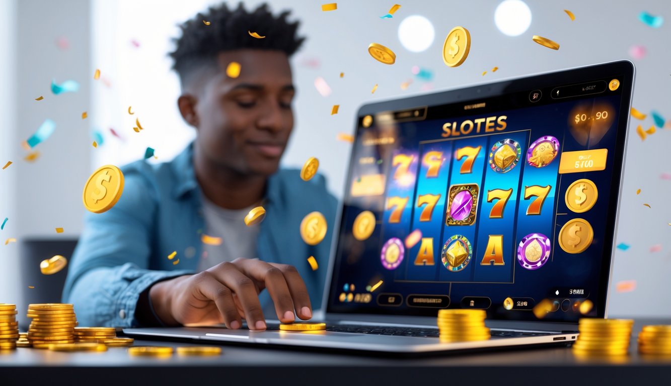 Seorang dewasa muda menggunakan laptop dengan permainan slot online di layar, dikelilingi oleh koin digital dan elemen perayaan di latar yang bersih dan terang.