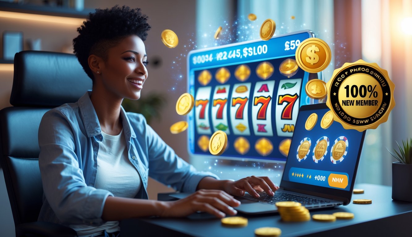Seorang dewasa muda duduk di depan laptop yang menampilkan permainan slot online dengan suasana nyaman dan cerah.