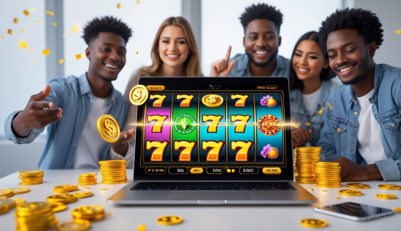 Beberapa orang muda sedang bermain slot online dengan komputer, tampak senang dan antusias di lingkungan yang bersih dan terang.