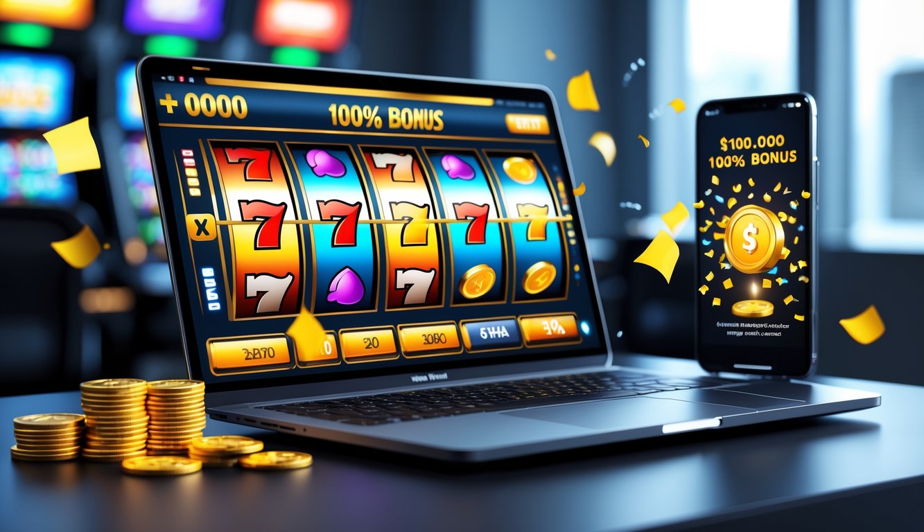 Seorang pria menggunakan laptop dan ponsel di meja kerja dengan layar menampilkan permainan slot online dan notifikasi bonus.
