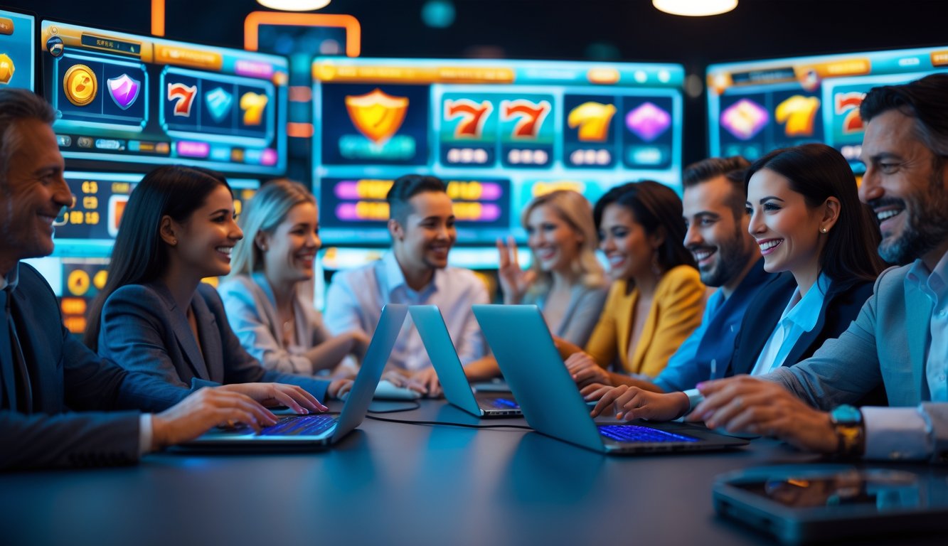 Beberapa orang sedang bermain permainan slot online di komputer dan tablet di ruang kerja modern dengan tampilan permainan warna-warni dan simbol keamanan digital.